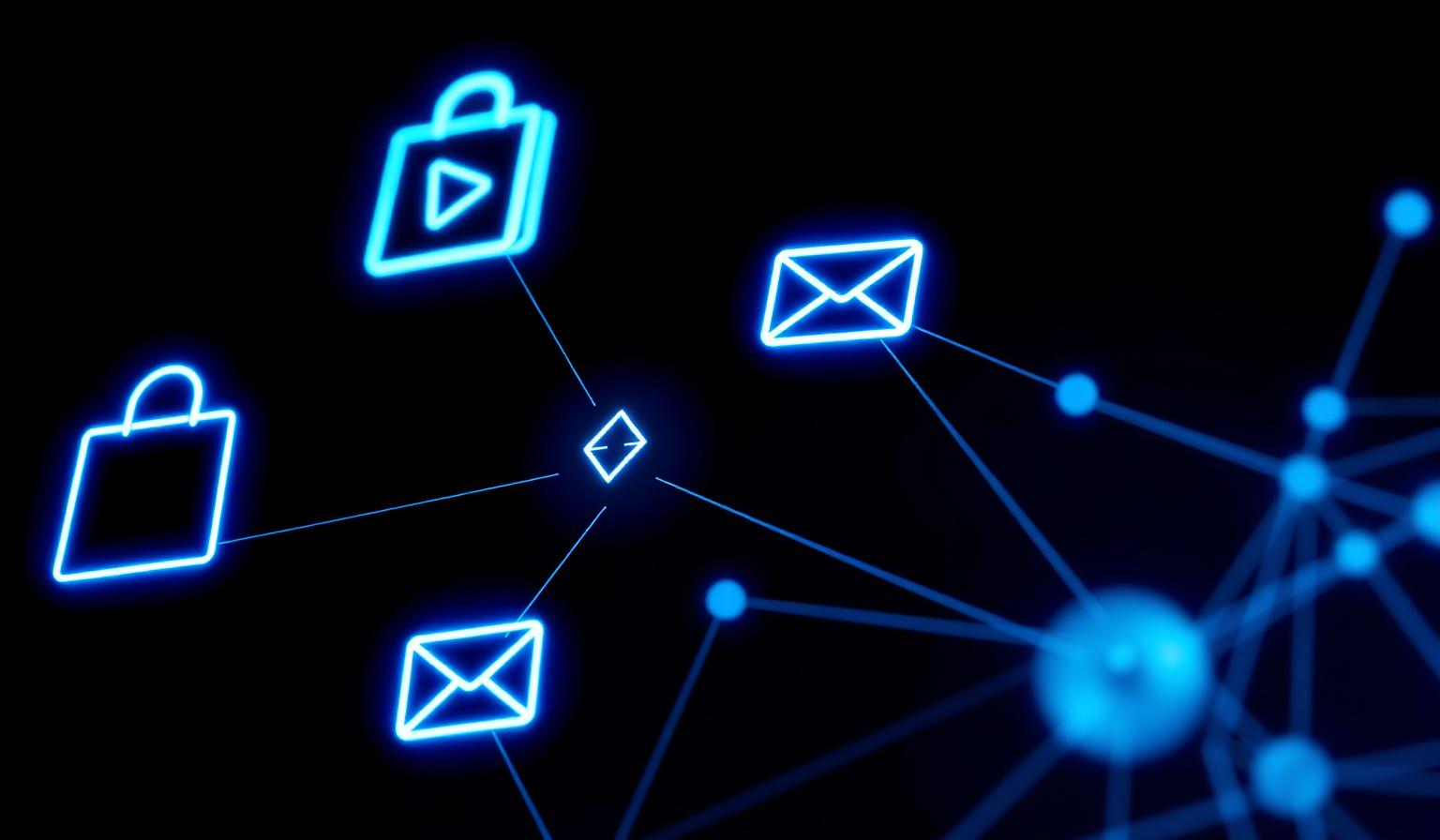 Dangerous Gentleman, cobalt blue illustration of connected commerce, video, social, and email systems