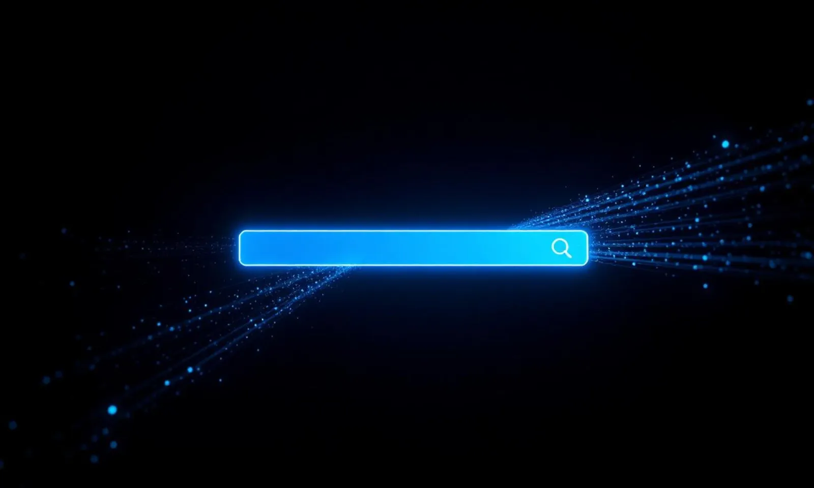 A glowing search bar in a dark field, a brand being found