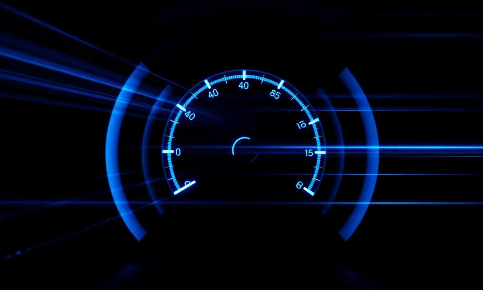 A glowing blue gauge climbing, work speeding up