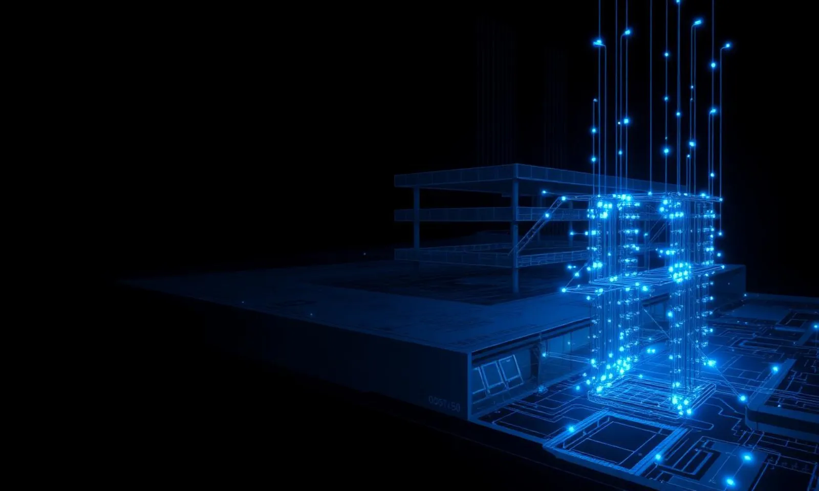 A building rising out of its own glowing blue wireframe, the way a site grows from its structure